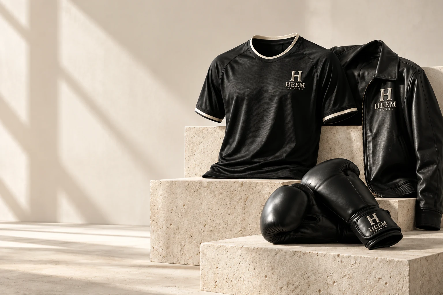Illustrative black jersey, leather jacket and boxing glove concepts in an ivory studio