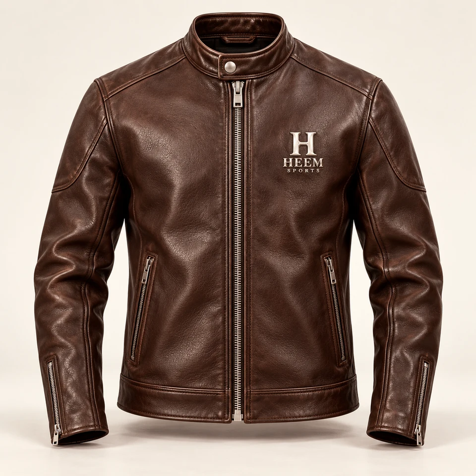 Leather jacket — illustrative HEEM SPORTS branded product concept