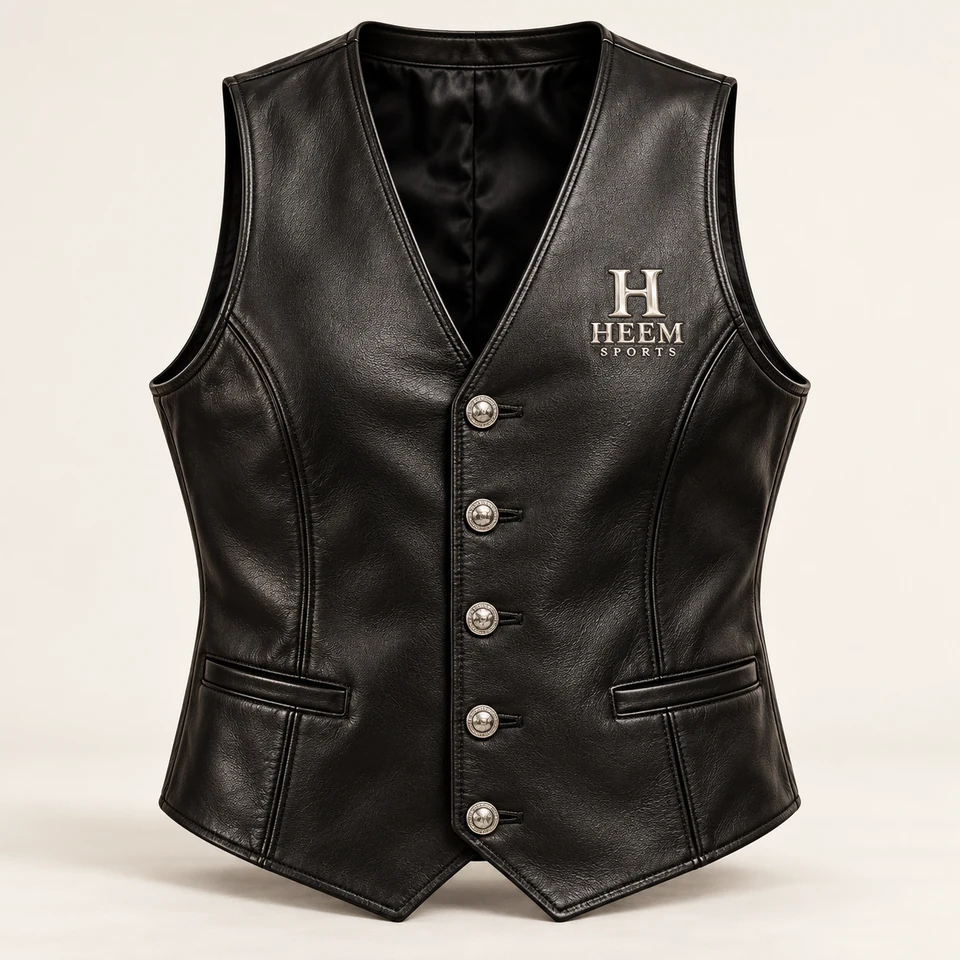 Leather vest — illustrative HEEM SPORTS branded product concept